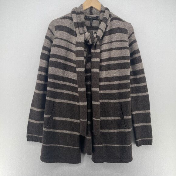 BCBG MAXAZRIA Cardigan 2XS Scarf Striped Open Front Draped Neck Gray Brown - Picture 6 of 16